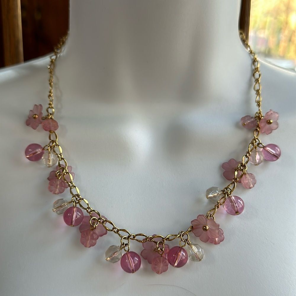Vintage Trifari Rose & Clear Gems Gold Necklace
